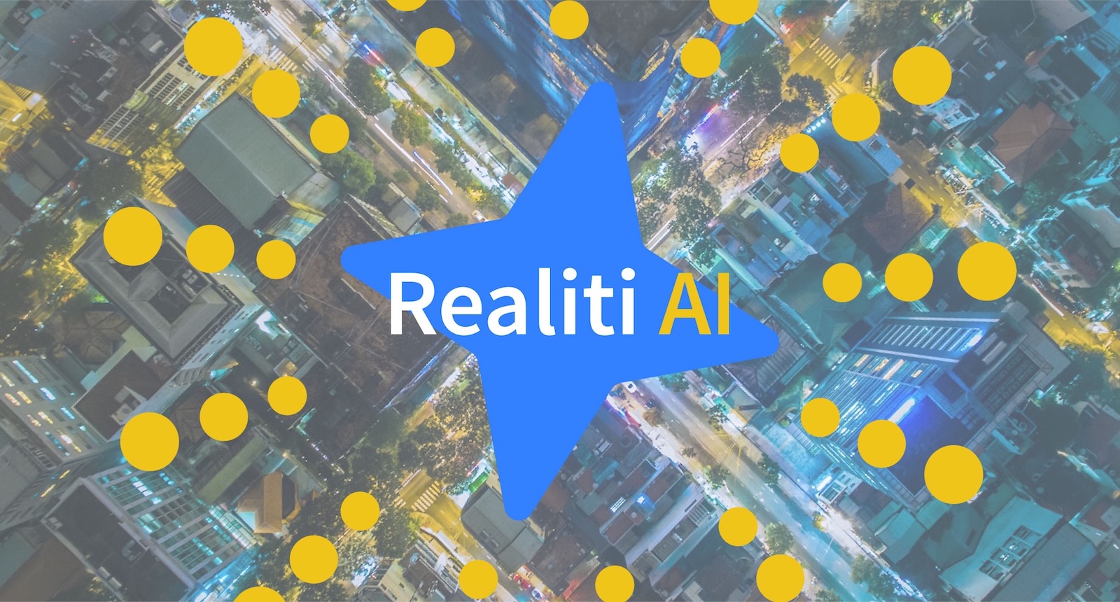 Aerial view of city with Planixs Realiti AI branding overlayed.
